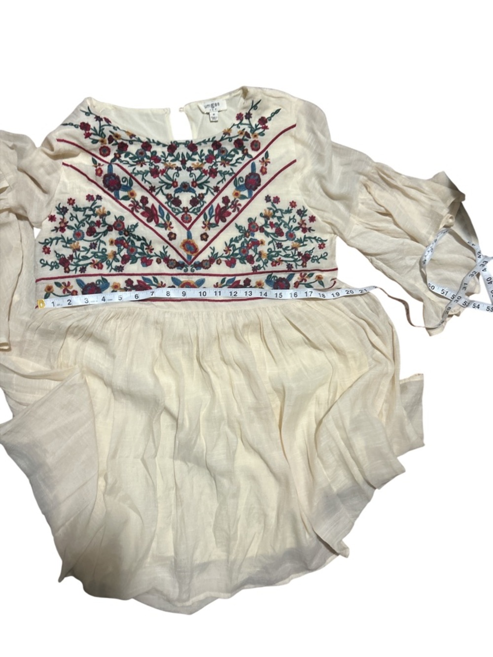 Umgee Cream Embroidered Boho Dress Floral Flare Sleeve Babydoll Medium - Picture 6 of 8